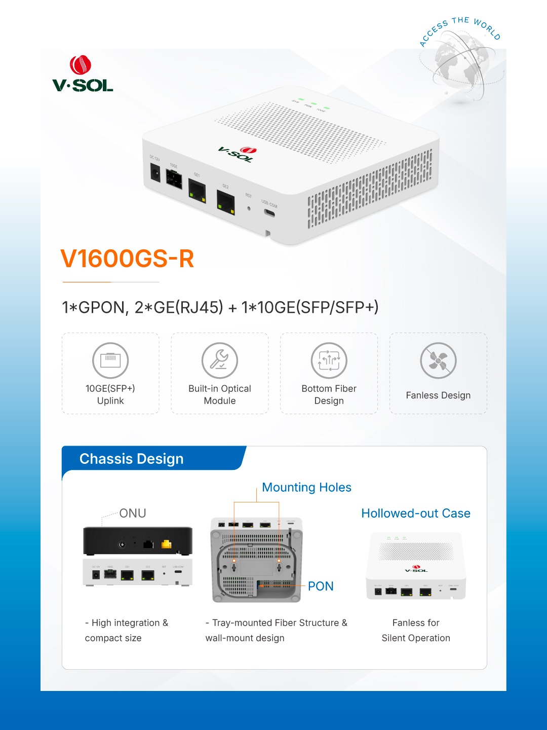 GPON-OLT-V1600GS-R VSOL - MINI 1 PORT - OLT , FTTX , 2X 1G RJ45 , 1xSFP+ , 1x C+++
